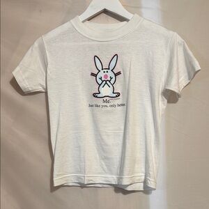 White Short Sleeve Tee with Cartoon Bunny Design